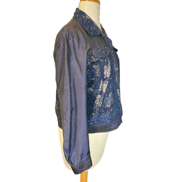 Coldwater Creek Silk Blend Shantung Jacket Size Small Embroidered Blue - Picture 2 of 10